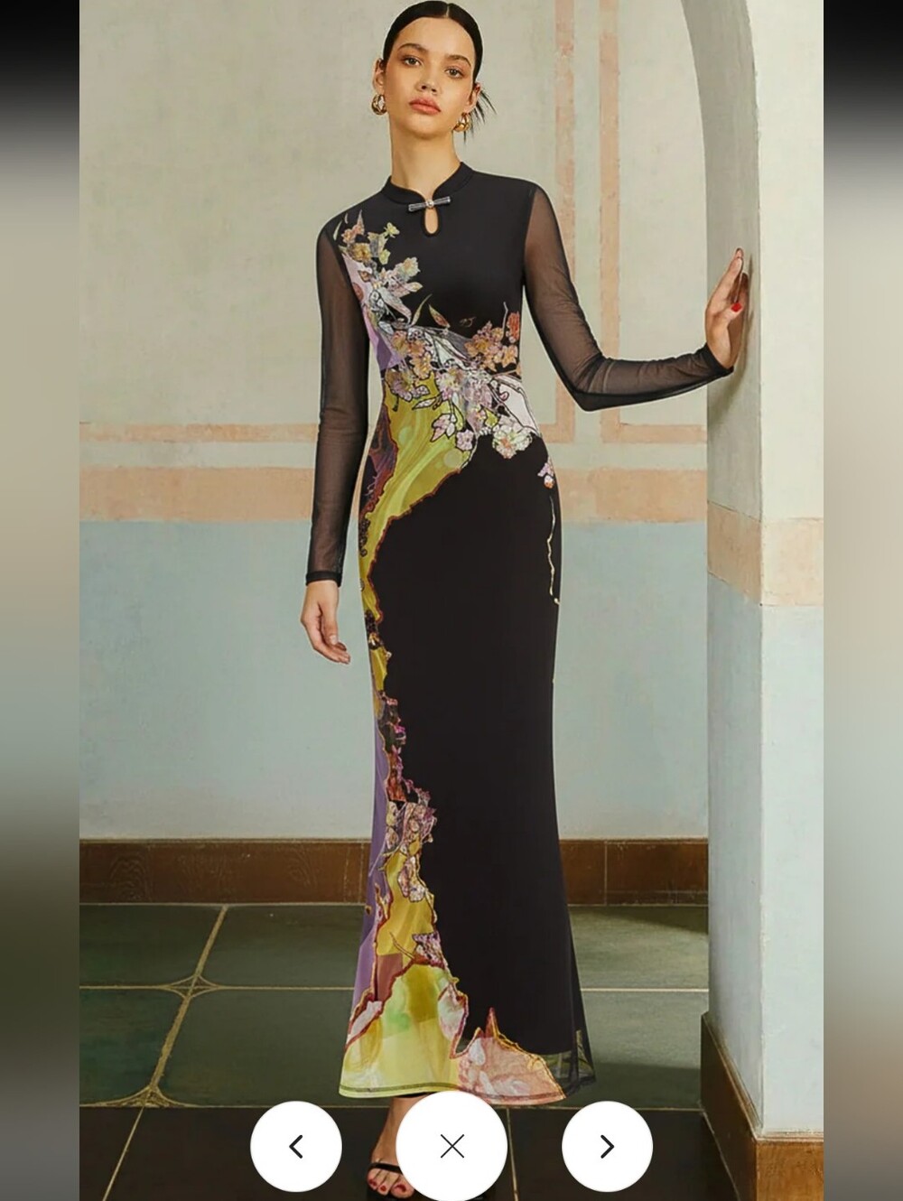 Commense Mesh Long Sleeve Floral Print Maxi Dress